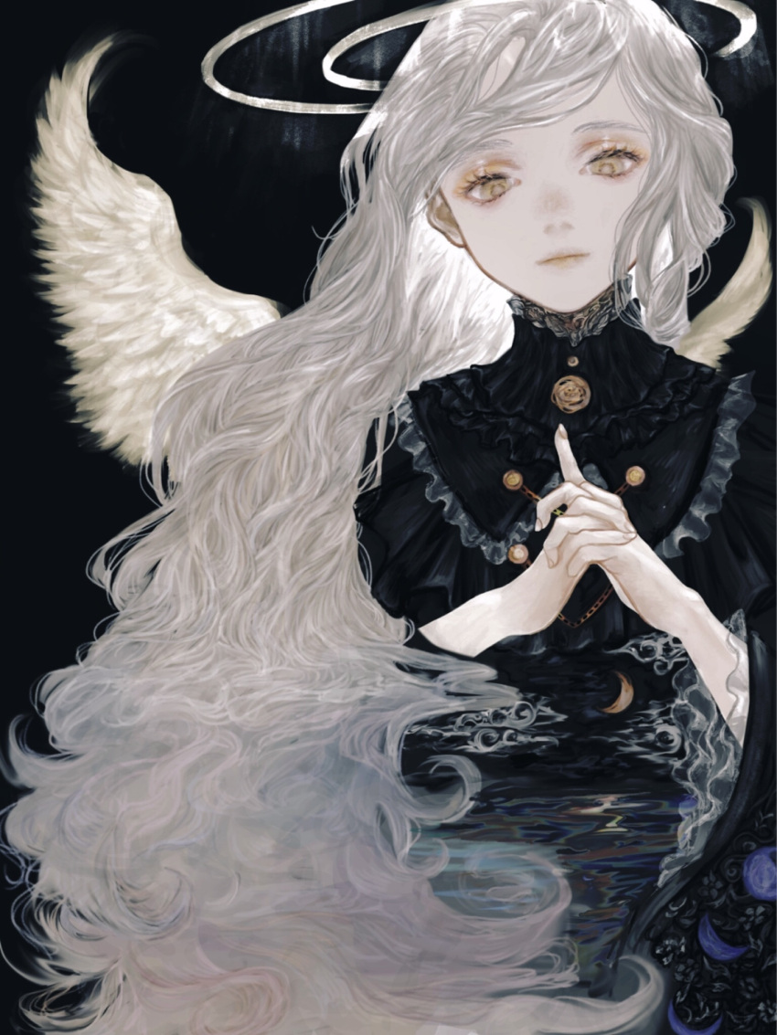 1girl black_background black_dress brown_eyes dress halo hands_together highres interlocked_fingers long_hair looking_at_viewer original shirone_(coxo_ii) solo white_wings wings