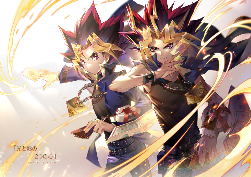 2boys belt black_belt black_hair black_shirt blonde_hair blue_jacket blue_pants bracelet card chain closed_mouth collarbone commentary domino_high_school_uniform duel_disk ekita_kuro english_commentary english_text gradient gradient_background highres holding holding_card jacket jacket_on_shoulders jewelry long_sleeves looking_at_viewer male_focus millennium_puzzle multicolored_hair multiple_boys mutou_yuugi open_clothes open_jacket pants red_eyes red_hair school_uniform shirt sleeveless sleeveless_shirt smile spiked_hair standing translation_request yami_yuugi yu-gi-oh! yu-gi-oh!_duel_monsters