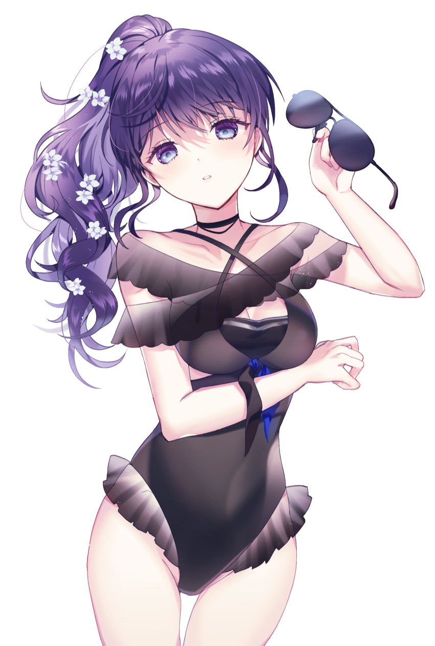 1girl absurdres asahina_mafuyu bangs bare_shoulders black_choker black_swimsuit blue_eyes breasts choker cleavage collarbone commentary_request criss-cross_halter dabi_(dabibubi) eyebrows_visible_through_hair eyewear_removed flower groin hair_flower hair_ornament halterneck hand_up head_tilt highres holding holding_eyewear long_hair medium_breasts one-piece_swimsuit parted_lips ponytail project_sekai purple_hair see-through simple_background solo sunglasses swimsuit white_background white_flower