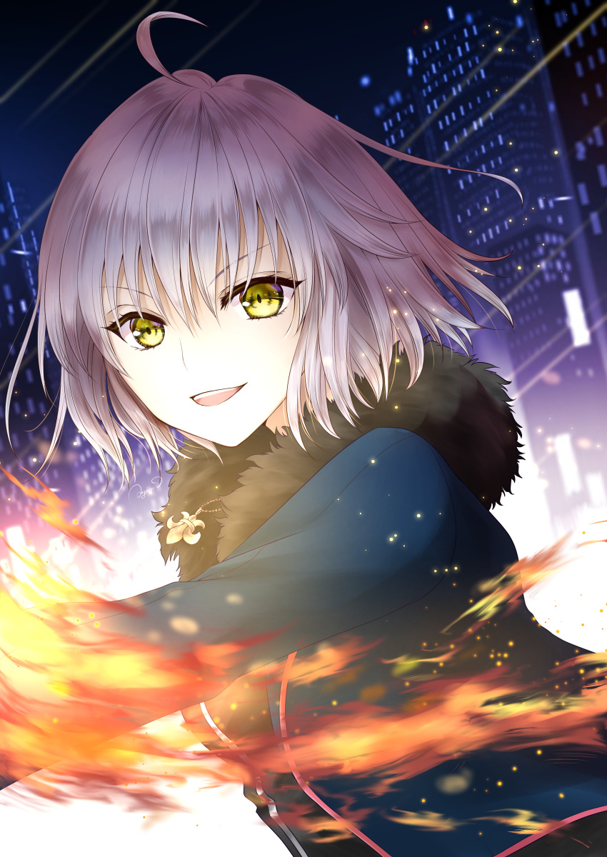 1girl absurdres ahoge ayam_takara bangs building eyebrows_behind_hair eyebrows_visible_through_hair fate/grand_order fate_(series) fire hair_between_eyes highres jacket jeanne_d'arc_(alter)_(fate) jeanne_d'arc_(fate)_(all) light looking_at_viewer night night_sky open_mouth short_hair silver_hair sky smile solo upper_body wicked_dragon_witch_ver._shinjuku_1999 yellow_eyes