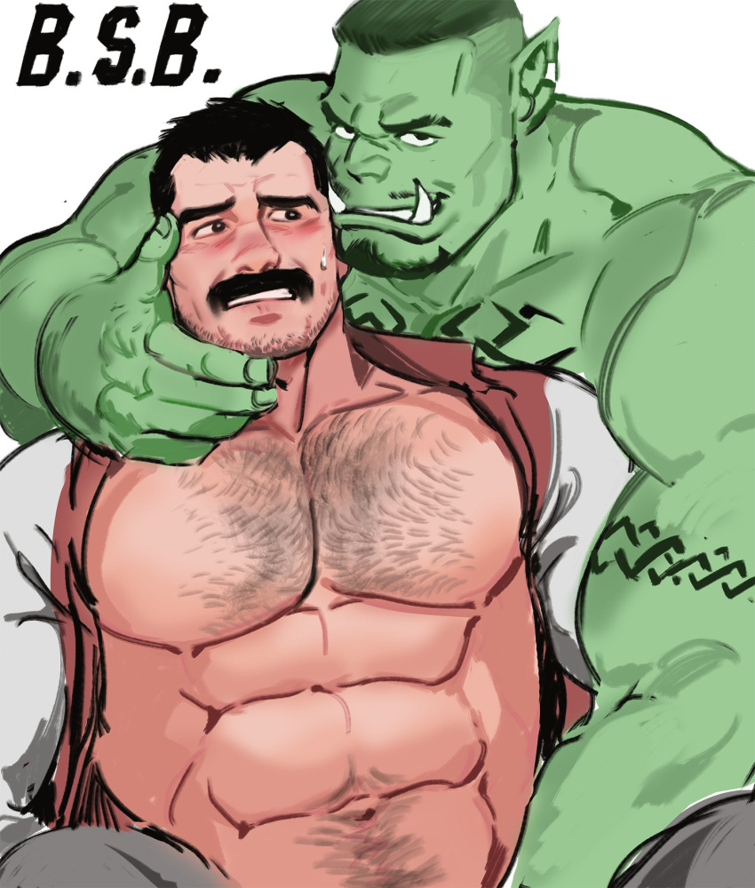 2boys abs bara bare_pectorals beard blush borrowed_character buzz_cut chest_hair colored_skin couple crotch_grab facial_hair fangs green_skin hairy hand_on_another's_face highres interspecies jang_ju_hyeon large_pectorals looking_at_another male_focus mature_male monster_boy multiple_boys muscular muscular_male mustache navel navel_hair nipples open_clothes open_shirt orc original out-of-frame_censoring pectorals pointy_ears reward_available short_hair sideburns size_difference smirk stomach stubble thick_eyebrows undercut very_short_hair yaoi