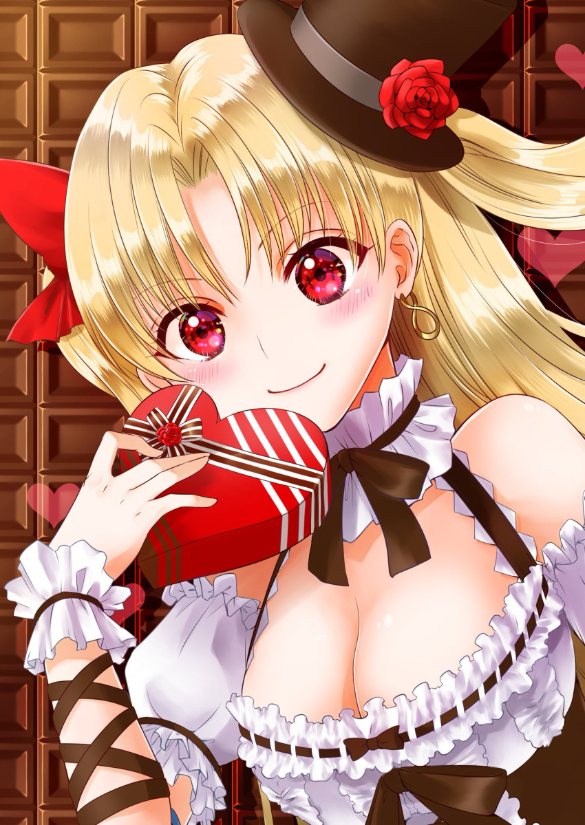1girl arm_belt ayamu_(igakato) bangs belt blonde_hair box breasts candy chocolate chocolate_heart dress earrings ereshkigal_(fate) eyebrows_behind_hair eyebrows_visible_through_hair fate/grand_order fate_(series) flower food gift gift_box hair_ribbon hat heart highres holding holding_box holding_chocolate holding_food jewelry long_hair looking_at_viewer red_eyes ribbon rose smile solo twintails upper_body valentine