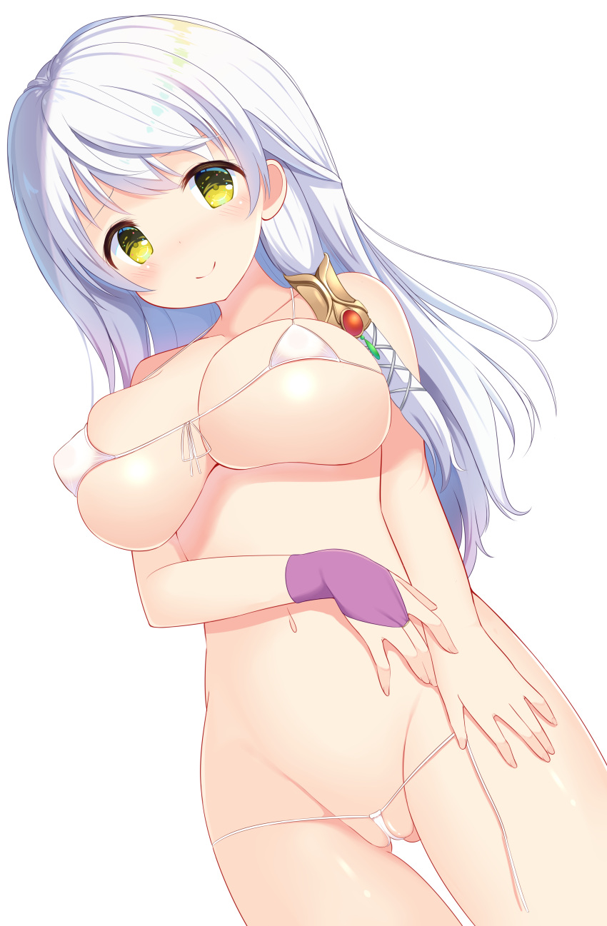 1girl absurdres bangs bikini blush braid breasts fire_emblem fire_emblem:_radiant_dawn gloves groin hair_tubes half_updo highres large_breasts light_rays long_hair looking_at_viewer lowleg lowleg_bikini micaiah_(fire_emblem) micro_bikini mimi_(mimi3mimimi) navel partially_visible_vulva side-tie_bikini silver_hair simple_background single_glove smile solo swimsuit untied untied_bikini white_background white_bikini white_swimsuit yellow_eyes