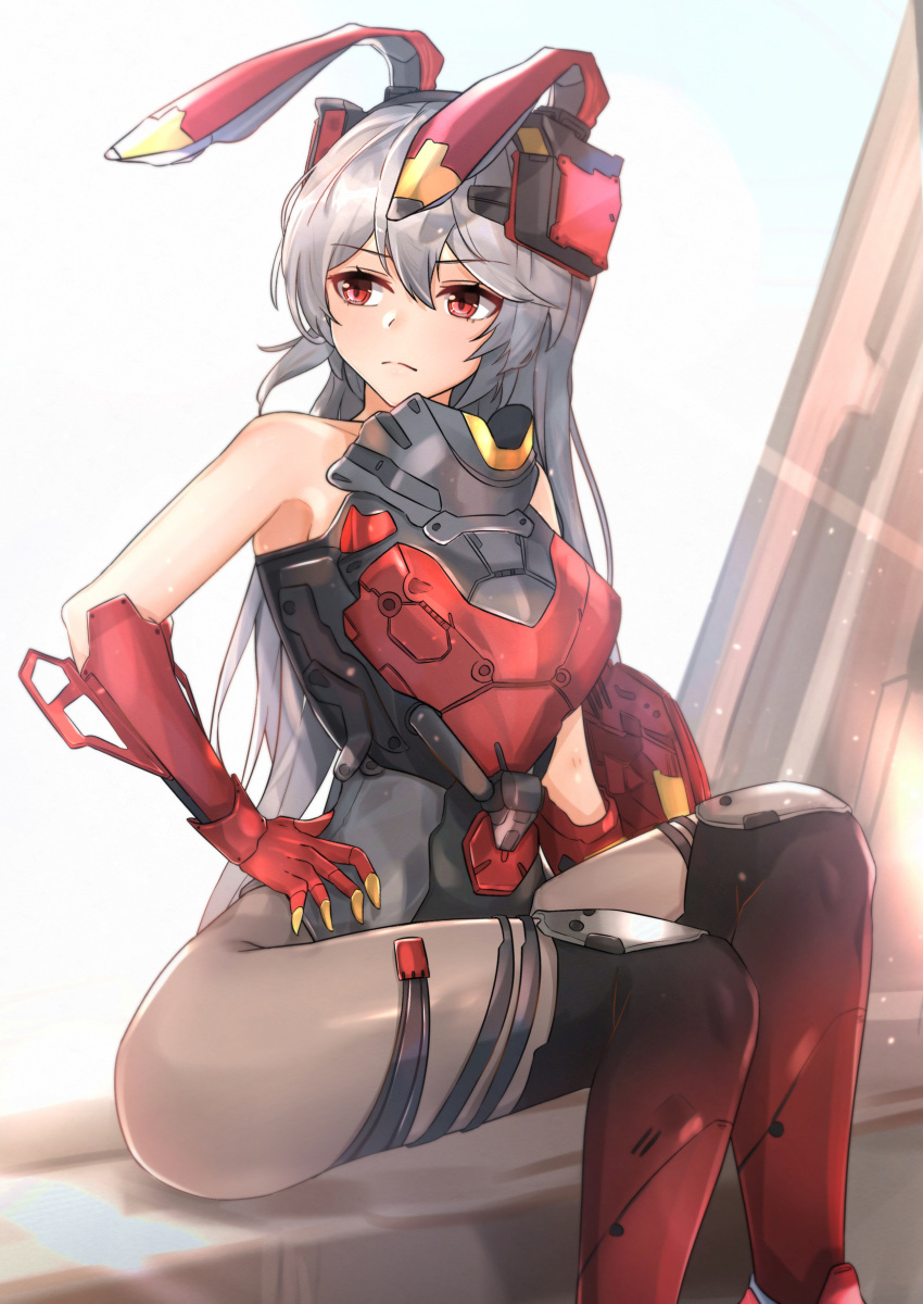 1girl absurdres animal_ears armor bare_shoulders black_legwear boots breasts bunny_ears charolic_(girls'_frontline_2) closed_mouth eyebrows_visible_through_hair feet_out_of_frame gauntlets girls'_frontline girls'_frontline_2:_exilium grey_hair hand_on_hip highres long_hair looking_away muteppona_hito pantyhose red_eyes simple_background sitting solo sunlight thighs