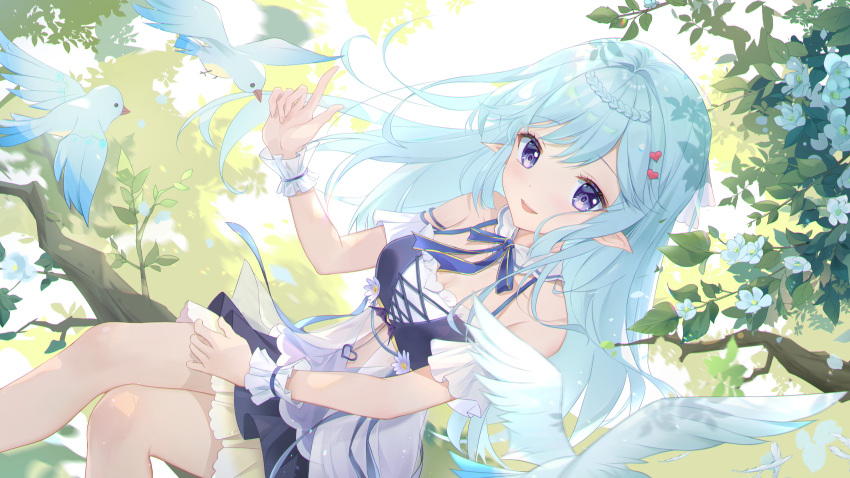 animal aqua_hair bird blue_eyes dress flowers long_hair original pointed_ears somna tree