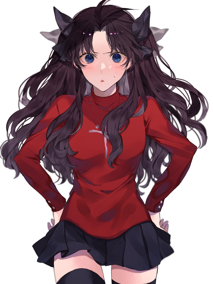 1girl :o antenna_hair bangs black_hair black_legwear black_skirt blue_eyes blush bow breasts commentary_request cowboy_shot fate/stay_night fate_(series) hair_bow hair_ribbon highres long_hair long_sleeves looking_at_viewer medium_breasts miniskirt open_mouth parted_bangs pleated_skirt red_sweater ribbon shimatori_(sanyyyy) shiny shiny_hair simple_background skirt solo sweater thighhighs tohsaka_rin two_side_up upper_teeth white_background zettai_ryouiki