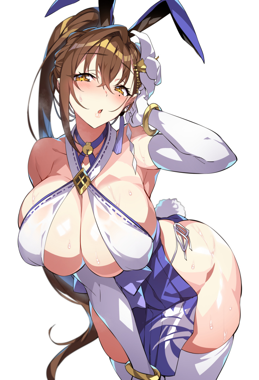 1girl absurdres animal_ears bangs bare_shoulders blush breasts brown_eyes brown_hair bunny_ears bunny_tail cleavage commentary_request criss-cross_halter elbow_gloves eyebrows_visible_through_hair fake_animal_ears gan_(shanimuni) gloves hair_ornament halterneck hand_up highres japanese_clothes kanpani_girls large_breasts leaning_forward long_hair looking_at_viewer mole mole_under_eye parted_lips pelvic_curtain ponytail revealing_clothes shiny shiny_hair shiny_skin shirayuri_sakura simple_background sleeveless solo sweat sweatdrop tail thighhighs thighs tied_hair white_background white_gloves white_legwear