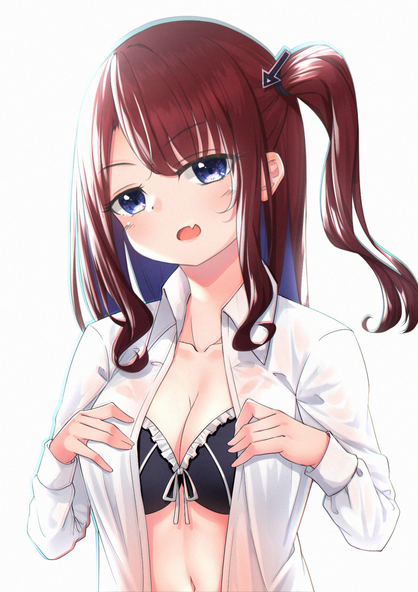 1girl bangs black_bra blue_eyes bow bow_bra bra breasts brown_hair cleavage collared_shirt commentary_request directional_arrow_hair_ornament dress_shirt eyebrows_visible_through_hair fang frilled_bra frills grey_background hands_up head_tilt highres long_sleeves looking_at_viewer medium_breasts navel one_side_up open_clothes open_mouth open_shirt original shirt simple_background solo underwear white_shirt zhai_mu_q