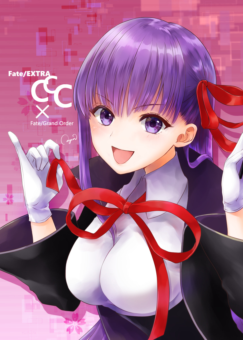 1girl absurdres ayamu_(igakato) bangs bb_(fate) bb_(fate)_(all) breasts cloak eyebrows_behind_hair eyebrows_visible_through_hair fate/extra fate/extra_ccc fate/grand_order fate_(series) gloves hair_ribbon highres large_breasts long_hair looking_at_viewer open_mouth purple_eyes purple_hair ribbon shirt smile solo upper_body white_gloves