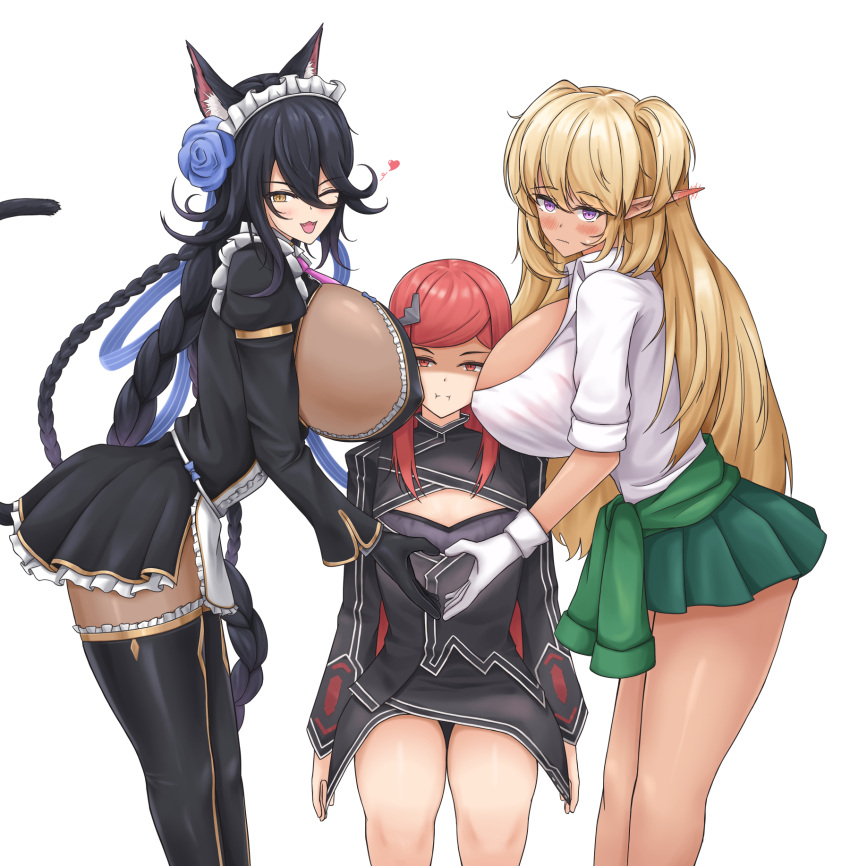 3girls :i animal_ears b-11_night_angel bangs bare_legs black_hair black_legwear blonde_hair blush bodystocking breast_envy breasts cat_ears cat_girl cat_tail cleavage_cutout clothes_around_waist clothing_cutout dark_elven_forest_ranger dark_skin ear_blush elf flat_chest flower gyaru hair_flower hair_ornament heart height_difference highres huge_breasts jacket jacket_around_waist kogal last_origin lazb. long_hair maid_headdress multiple_girls one_eye_closed poi_(last_origin) pointy_ears pout purple_eyes red_hair shaded_face short_twintails sideboob swept_bangs tail thighhighs tri_braids twintails very_long_hair yellow_eyes zettai_ryouiki