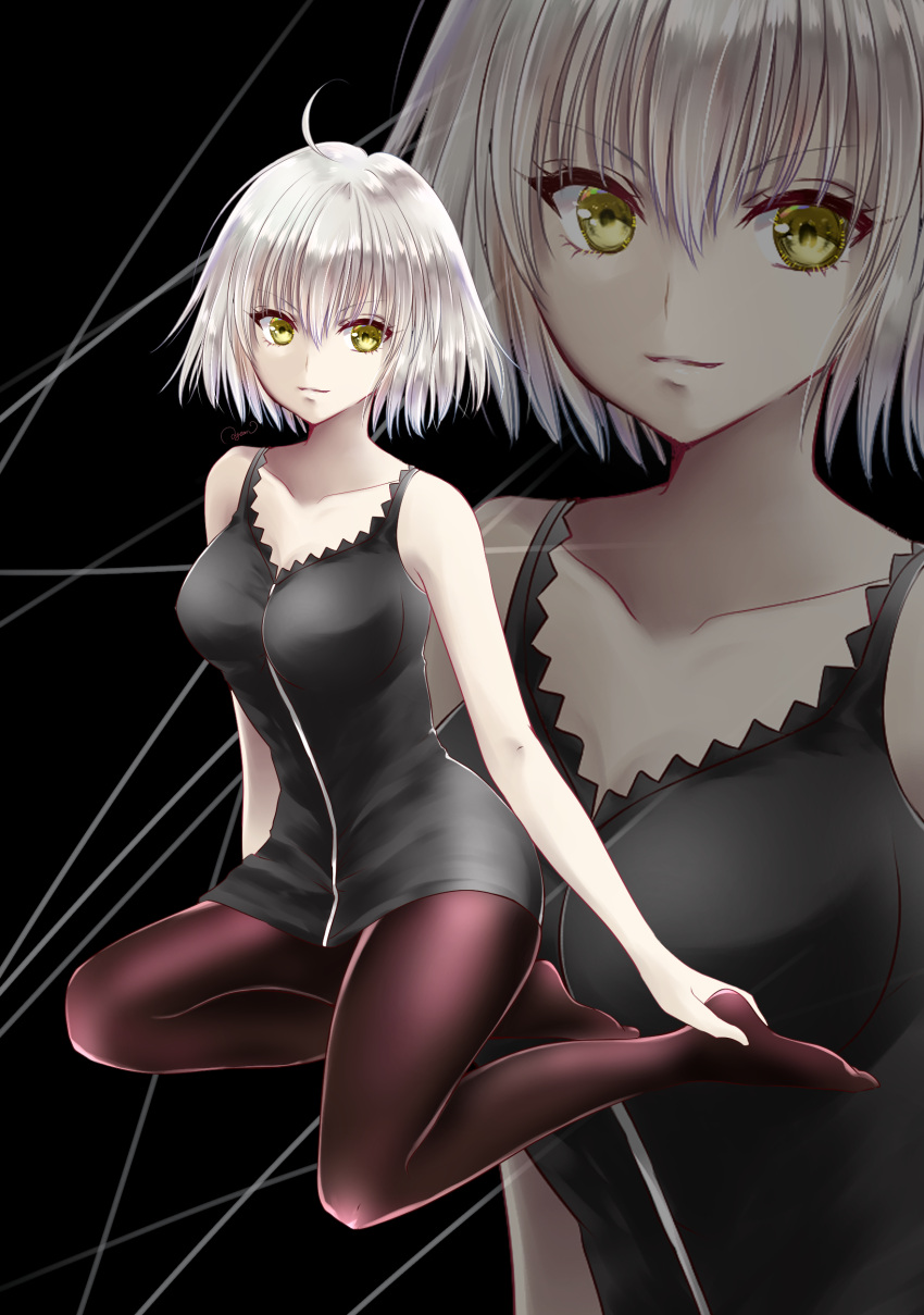 1girl absurdres ahoge ayamu_(igakato) bangs bare_arms bare_shoulders black_background black_legwear breasts collarbone eyebrows_behind_hair eyebrows_visible_through_hair fate/grand_order fate_(series) highres jeanne_d'arc_(alter)_(fate) jeanne_d'arc_(fate)_(all) looking_at_viewer shirt short_hair silver_hair sitting sleeveless sleeveless_shirt smile solo thighhighs yellow_eyes