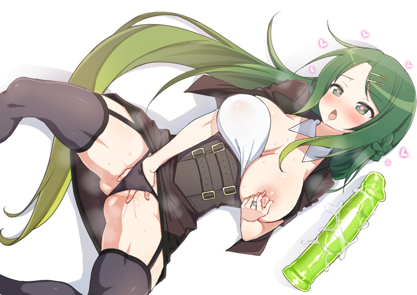 1girl black_legwear black_panties blush braid breasts character_request collar copyright_request detached_collar dildo drooling fingering green_eyes green_hair hair_ornament hairclip heart heart-shaped_pupils highres jewelry kounosu_satori large_breasts long_hair looking_at_viewer lying masturbation nipple_tweak nipples on_back open_clothes open_mouth panties pussy_juice ring saliva sex_toy shadow simple_background solo spread_legs sweat symbol-shaped_pupils thighhighs underwear vaginal very_long_hair white_background white_collar