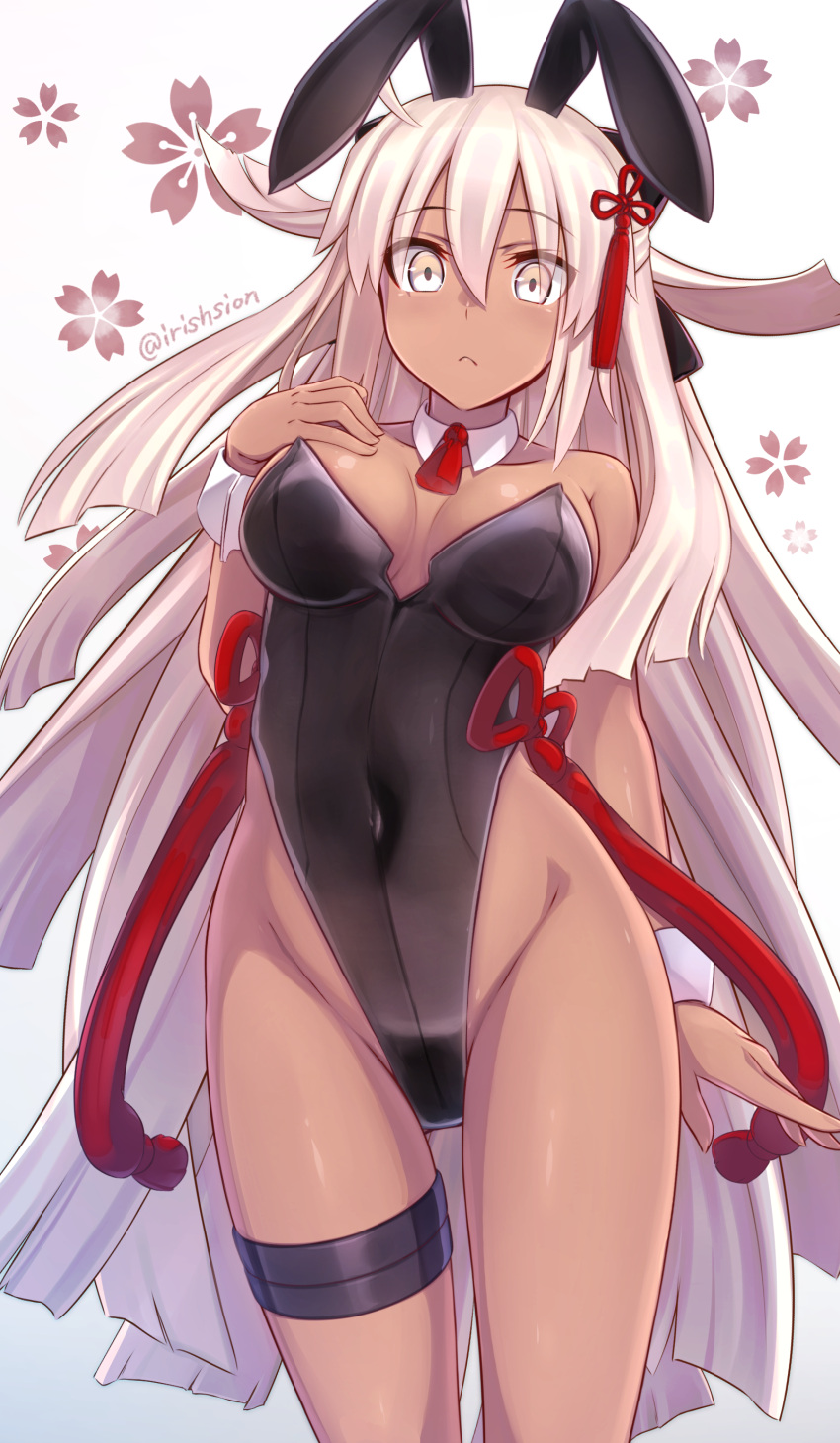 1girl absurdres animal_ears bangs bare_shoulders black_bow black_leotard bow breasts brown_eyes bunny_ears closed_mouth collar collarbone commentary_request covered_navel dark_skin detached_collar eyebrows_visible_through_hair fate/grand_order fate_(series) floral_background hair_between_eyes hair_bow hand_up highleg highleg_leotard highres kemonomimi_mode leotard long_hair looking_at_viewer medium_breasts murasame_shia okita_souji_(alter)_(fate) okita_souji_(fate)_(all) playboy_bunny simple_background solo twitter_username very_long_hair white_background white_collar white_hair wing_collar wrist_cuffs