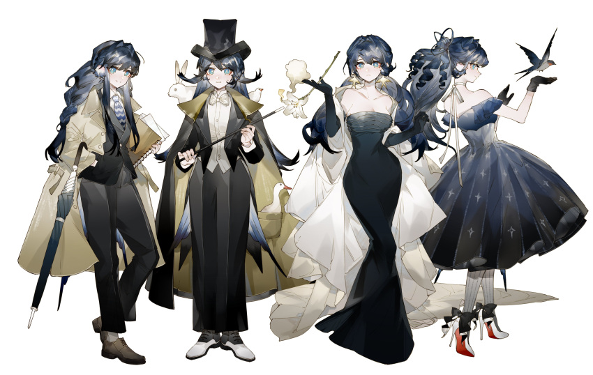 1girl absurdres alternate_costume animal animal_on_shoulder arknights astesia_(arknights) bird birthday blue_eyes blue_hair bunny commentary_request earrings flower gloves hair_intakes hat high_heels highres holding holding_flower jewelry long_hair mixed-language_commentary necktie notebook simple_background sparrow symbol_commentary top_hat trench_coat umbrella vest wand white_background yuji_(fantasia)