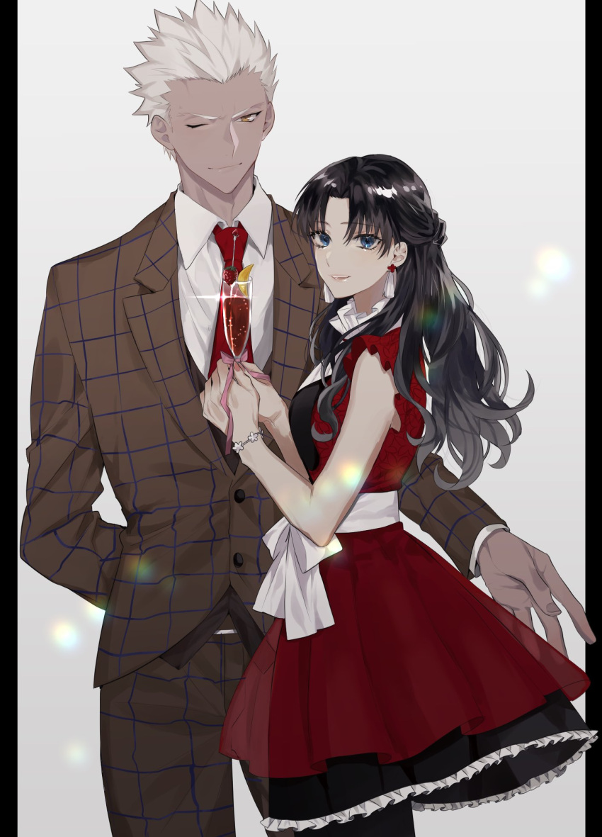 1boy 1girl alternate_costume archer_(fate) bangs black_hair blue_eyes bracelet brown_jacket brown_pants closed_mouth collared_shirt commentary_request cowboy_shot dark-skinned_male dark_skin dress earrings fate/stay_night fate_(series) formal from_side glass grey_hair hands_up highres holding jacket jewelry large_hands long_hair looking_at_viewer male_focus necktie one_eye_closed pants parted_bangs pillarboxed plaid red_neckwear shimatori_(sanyyyy) shiny shiny_hair shirt short_hair suit tohsaka_rin white_shirt