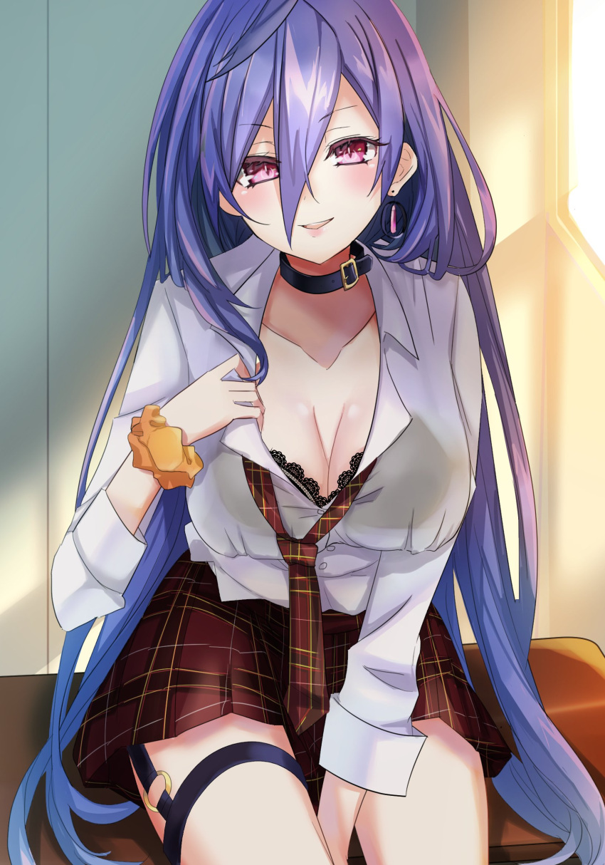 1girl blue_hair breasts cleavage collar earrings highres iris_heart jewelry kami_jigen_game_neptune_v long_hair looking_at_viewer medium_breasts moya_44444 necktie neptune_(series) plaid plaid_skirt pleated_skirt red_eyes school_uniform scrunchie single_earring sitting skirt smile solo wrist_scrunchie