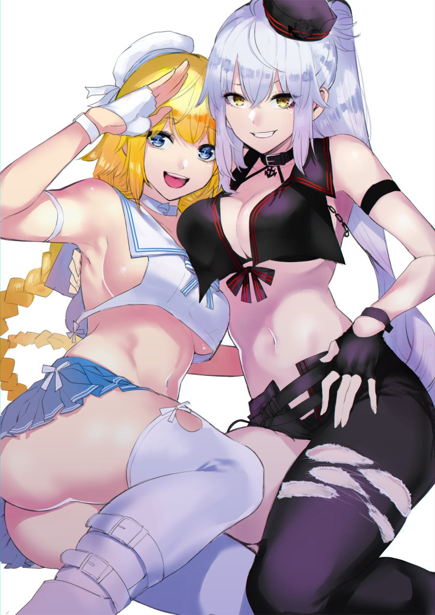 2girls aka_shiro_kiiro armpits ass asymmetrical_clothes bangs bare_shoulders belt beret bikini black_bikini black_gloves black_headwear black_pants blonde_hair blue_eyes blue_skirt braid braided_ponytail breasts chain choker cleavage crop_top crop_top_overhang fate/apocrypha fate/grand_order fate_(series) fingerless_gloves gloves grin hat highres jeanne_d'arc_(alter)_(fate) jeanne_d'arc_(fate) jeanne_d'arc_(fate)_(all) large_breasts long_hair looking_at_viewer midriff mini_hat multiple_girls mystery_treasure navel open_mouth pants pleated_skirt ponytail sailor_collar shirt sideboob silver_hair single_braid single_pantsleg skirt smile swimsuit thighhighs thighs torn_clothes torn_pants very_long_hair white_gloves white_headwear white_legwear white_shirt yellow_eyes