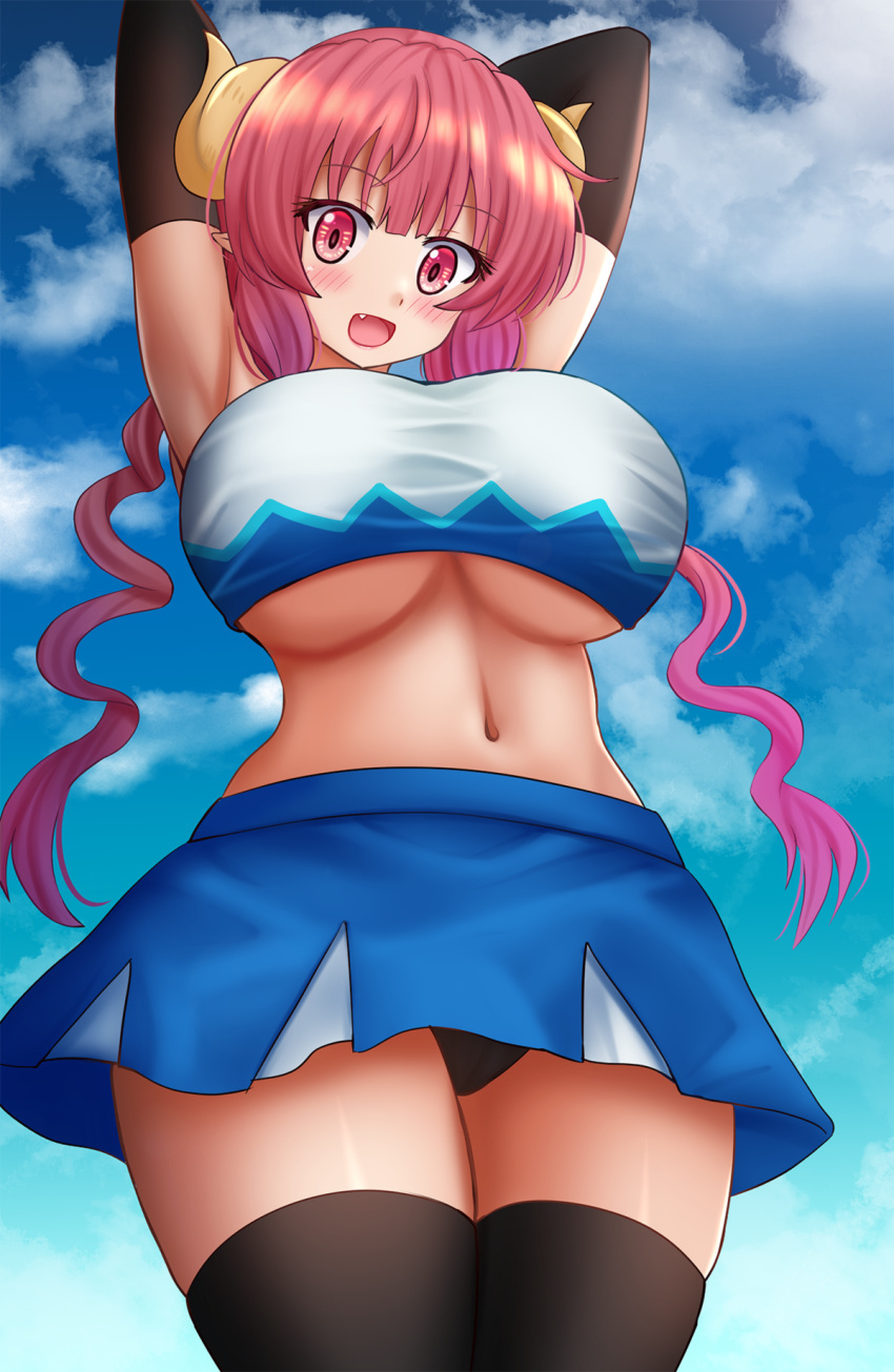 1girl :d arm_warmers armpits arms_behind_head arms_up black_legwear black_panties blue_skirt blue_sky breasts cloud cowboy_shot crop_top dragon_horns fang highres horns iruru kazenokaze kobayashi-san_chi_no_maidragon large_breasts long_hair looking_at_viewer midriff miniskirt navel open_mouth panties pink_eyes pink_hair shirt skirt sky sleeveless sleeveless_shirt smile solo stomach thighhighs twintails underboob underwear white_shirt