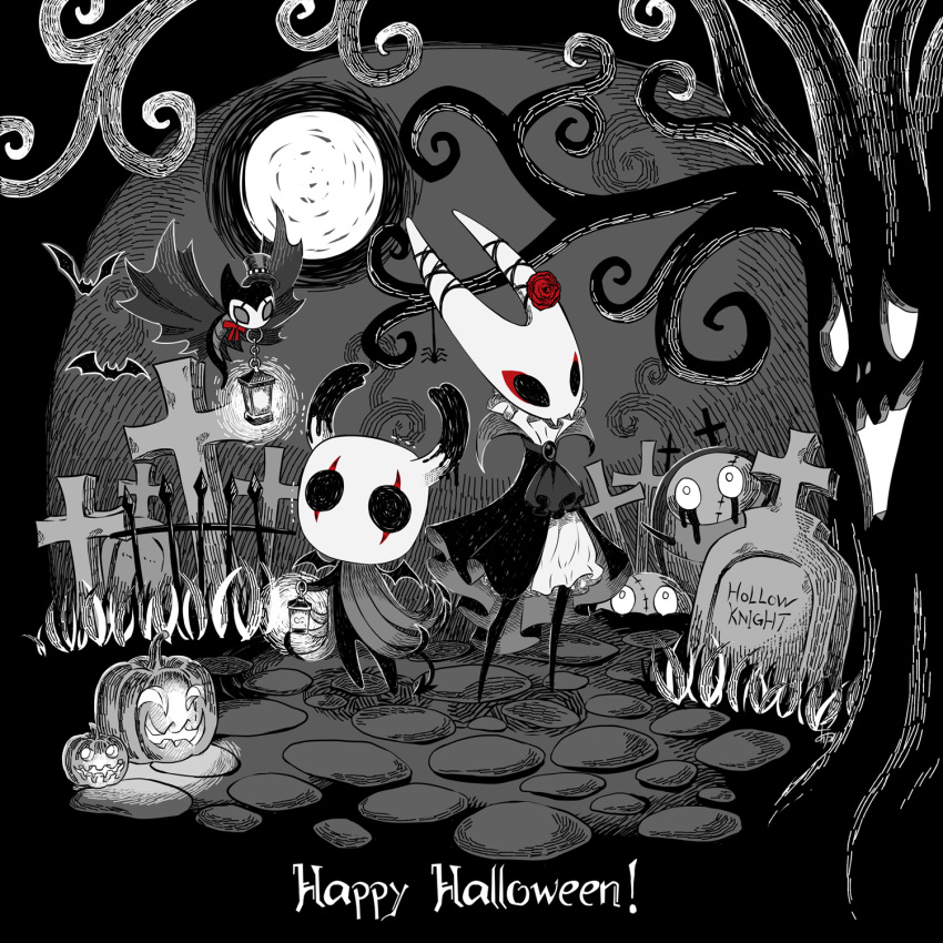 1boy 1girl 1other arizuka_(catacombe) bare_tree bat brooch cloak commentary copyright_name cravat english_commentary english_text eyeliner flower full_body full_moon graveyard greyscale grimmchild halloween happy_halloween hat highres holding holding_lantern hollow_eyes hollow_knight hornet_(hollow_knight) horns jack-o'-lantern jewelry knight_(hollow_knight) lantern looking_at_viewer makeup monochrome moon outdoors rose spot_color standing tombstone top_hat tree wings