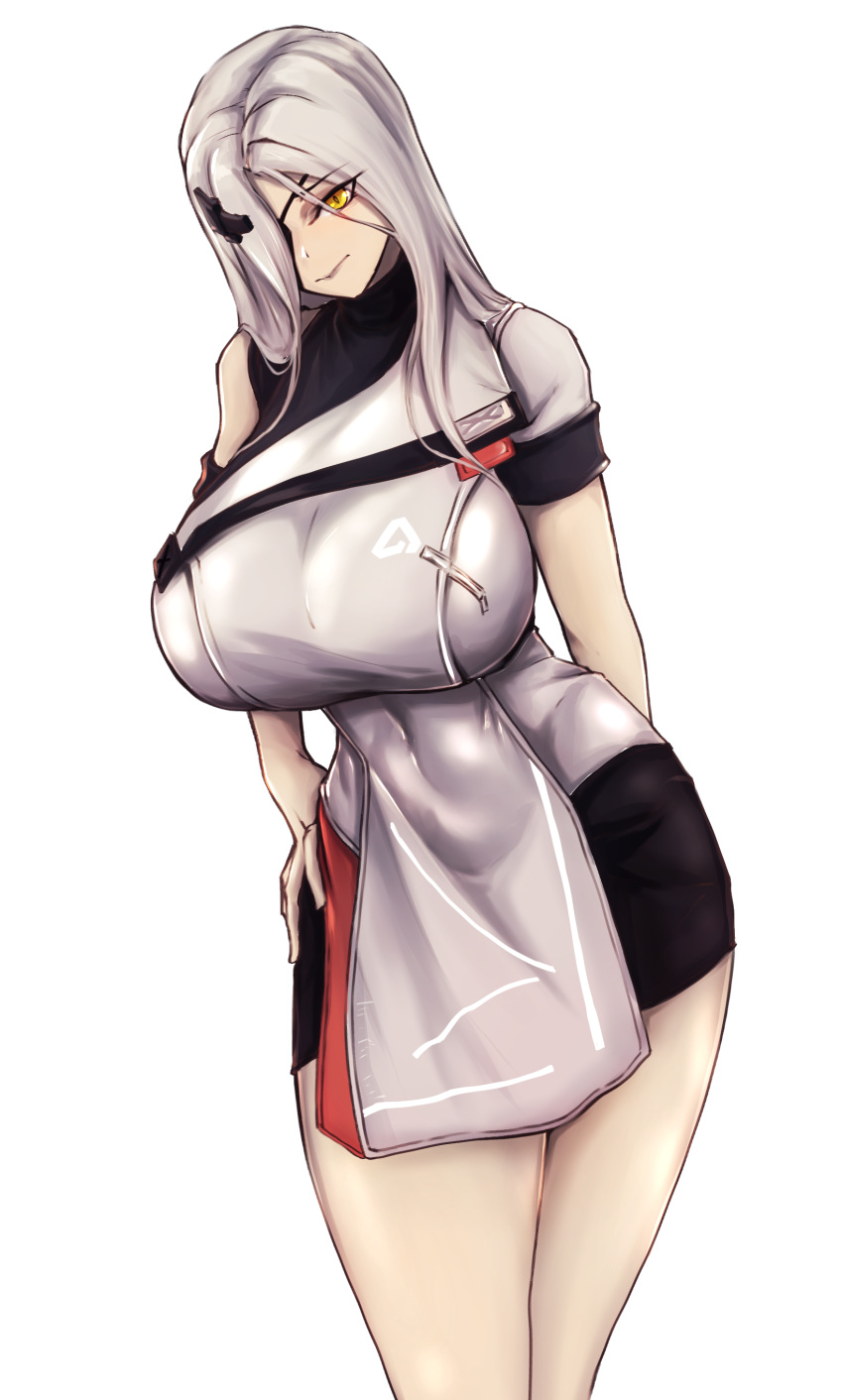 1girl absurdres alchemist_(girls'_frontline) bangs black_eyepatch breasts closed_mouth dr._killerwhale eyebrows_visible_through_hair eyepatch feet_out_of_frame girls'_frontline girls'_frontline_2:_exilium hair_over_eyes hand_on_back hand_on_hip highres large_breasts long_hair looking_at_viewer silver_hair solo standing uniform white_background yellow_eyes