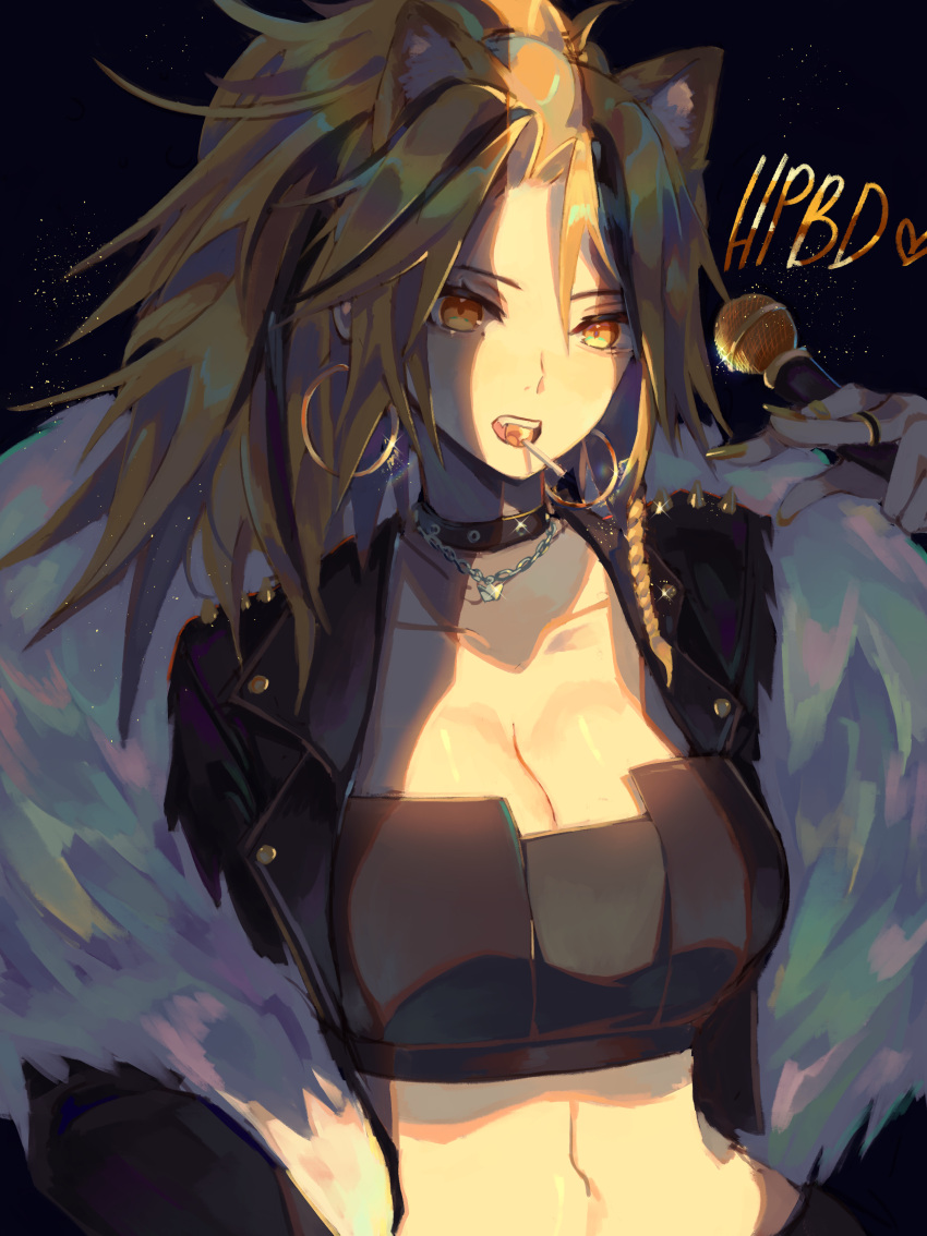 1girl absurdres ambience_synesthesia animal_ear_fluff animal_ears arknights black_background black_bandeau black_choker black_jacket blonde_hair bracelet breasts candy choker cleavage collarbone commentary earrings food food_in_mouth fur-trimmed_jacket fur_trim gold_nails highres holding holding_microphone hoop_earrings jacket jewelry kikan_(kikanoe) lion_ears lollipop long_hair medium_breasts microphone midriff navel necklace open_clothes open_jacket open_mouth ring shadow shorts shoulder_spikes siege_(arknights) simple_background solo spikes stomach upper_body yellow_eyes