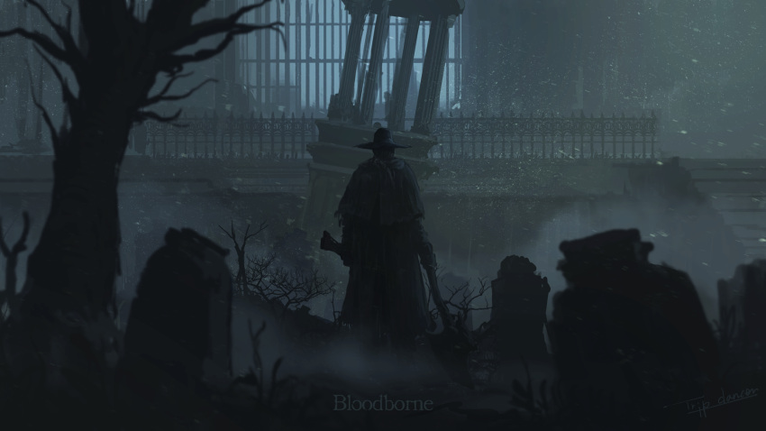 1boy artist_name axe bare_tree black_capelet black_coat black_headwear bloodborne capelet coat commentary copyright_name father_gascoigne from_behind grave gun hat highres holding holding_axe holding_gun holding_weapon night outdoors scenery solo stairs tombstone tree tripdancer weapon