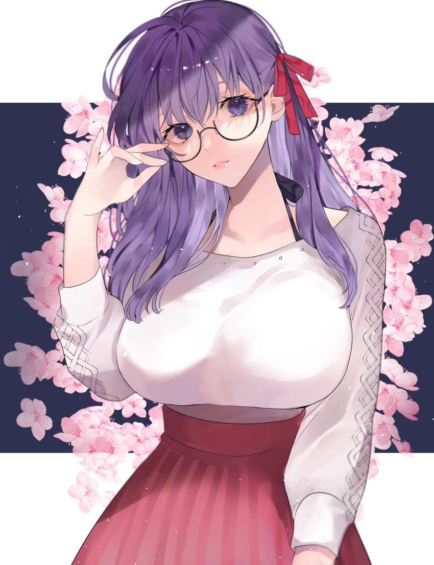 1girl adjusting_eyewear bangs breasts cherry_blossoms collarbone commentary_request fate/stay_night fate_(series) floral_background flower glasses hair_ribbon hand_up highres huge_breasts large_breasts long_hair long_neck long_sleeves looking_at_viewer matou_sakura parted_lips pink_skirt purple_eyes purple_hair red_ribbon red_skirt ribbon semi-rimless_eyewear shimatori_(sanyyyy) skirt solo sweater sweater_tucked_in symbol_commentary teeth white_sweater