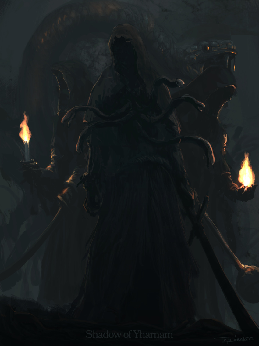 3others animal black_cloak bloodborne candle cloak commentary copyright_name dark facing_viewer fire flame giant_snake highres holding holding_candle holding_sword holding_weapon monster multiple_others outdoors oversized_animal scenery shadow_of_yharnam snake sword torch tripdancer weapon