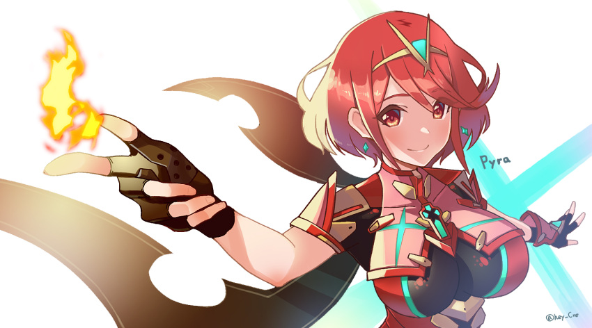 1girl bangs black_gloves breasts chest_jewel closed_mouth earrings fingerless_gloves gem gloves headpiece hey_cre highres jewelry large_breasts pyra_(xenoblade) red_eyes red_hair short_hair short_shorts shorts smile solo swept_bangs tiara xenoblade_chronicles_(series) xenoblade_chronicles_2