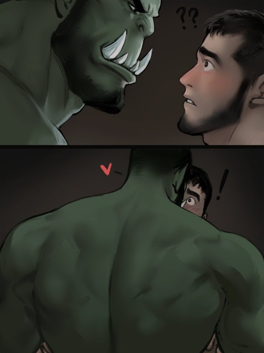 ! 2boys back bara beard colored_skin couple eye_contact facial_hair fangs from_behind green_skin heart highres interspecies jang_ju_hyeon kiss looking_at_another male_focus mature_male monster_boy multiple_boys muscular muscular_male orc original reward_available short_hair size_difference thick_eyebrows upper_body yaoi