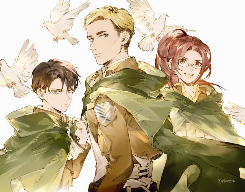 1girl 2boys bird black_hair blonde_hair cloak dove erwin_smith glasses green_cloak hange_zoe height_difference highres levi_(shingeki_no_kyojin) military military_jacket military_uniform multiple_boys shingeki_no_kyojin uniform yuji_(fantasia)