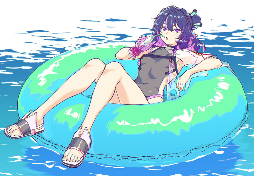 1girl bangs bottle breasts dm_owr drinking_straw floating girls'_frontline highres innertube kac-pdw_(girls'_frontline) long_hair looking_at_viewer navel one-piece_swimsuit open_mouth purple_eyes purple_hair purple_nails sandals see-through solo swimsuit