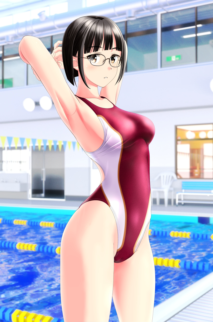 1girl absurdres armpits arms_behind_head bangs bench black_hair blunt_bangs brown_eyes commentary_request competition_swimsuit cowboy_shot glasses highres indoors lane_line looking_at_viewer multicolored multicolored_clothes multicolored_swimsuit one-piece_swimsuit original pool red_swimsuit short_hair solo standing swimsuit takafumi two-tone_swimsuit