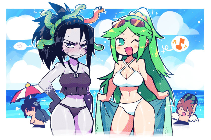 2boys 2girls absurdres angel_wings beach beach_umbrella bikini black_hair colored_skin dark_pit food fruit green_hair grey_skin highres kid_icarus kid_icarus_uprising looking_at_viewer medusa_(kid_icarus) multiple_boys multiple_girls ocean palutena pit_(kid_icarus) ponytail rariatto_(ganguri) smile snake_hair swimsuit umbrella watermelon wings