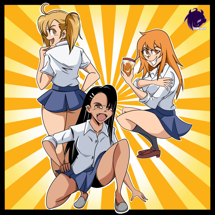 3girls absurdres artist_name asymmetrical_bangs bangs battle_tendency bike_shorts black_hair blonde_hair bread brown_eyes brown_footwear crossover dark-skinned_female dark_skin ear_clip fang food frank_araya gamou_maki hair_ornament hairclip highres ijiranaide_nagatoro-san jojo_no_kimyou_na_bouken long_hair multiple_girls nagatoro_hayase no_socks open_mouth orange_hair shirt shorts shorts_under_skirt skin_fang tan twintails white_footwear yoshi_(nagatoro)