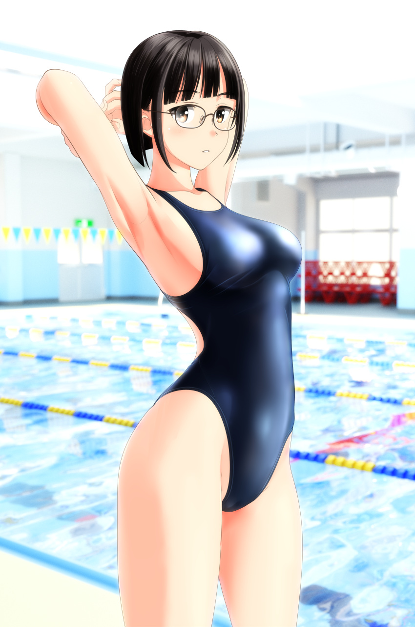 1girl absurdres armpits arms_behind_head bangs bench black_hair black_swimsuit blunt_bangs brown_eyes commentary_request competition_swimsuit cowboy_shot glasses highres huge_filesize indoors lane_line looking_at_viewer one-piece_swimsuit original pool short_hair solo standing swimsuit takafumi