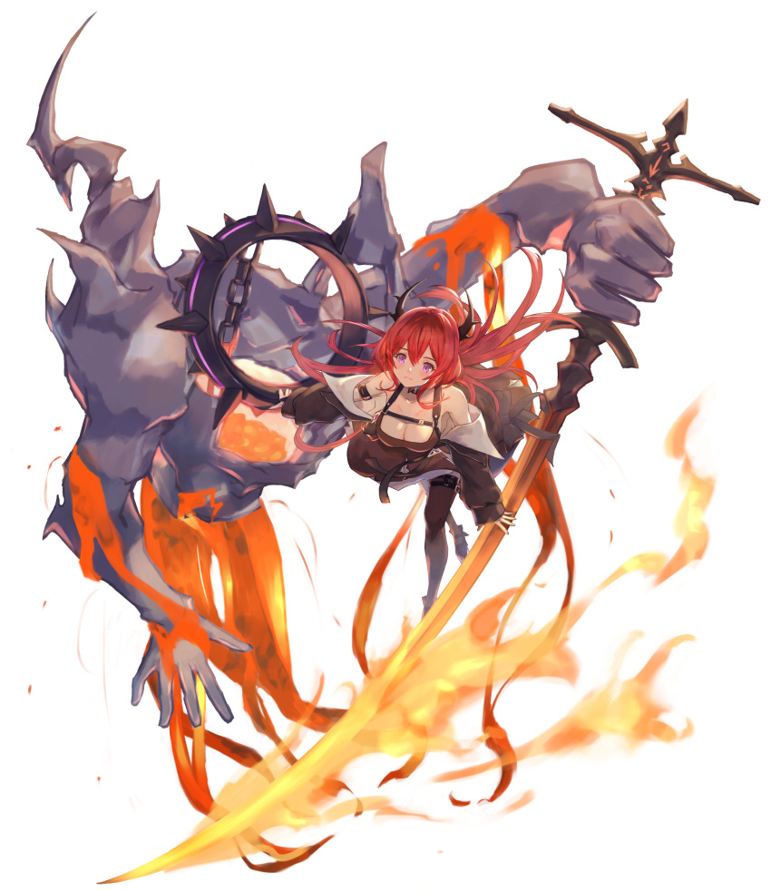 1girl :3 absurdres arknights black_dress demon_girl demon_horns dress floating highres holding holding_weapon horns looking_at_viewer mage_(mage_7me) purple_eyes red_hair surtr surtr_(arknights) sword thighhighs weapon