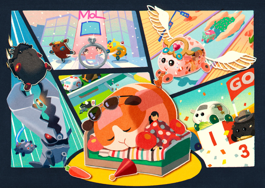 1boy 2girls 3others abbey_(pui_pui_molcar) absurdres akino_fukuji ambulance_molcar animal aviator_sunglasses badge bed black_footwear black_hair blanket bound bow bowtie bridal_veil bride brown_hair carrot cat chappy_(pui_pui_molcar) choco_(pui_pui_molcar) closed_eyes commentary_request confetti crosswalk dress dust_cloud eyewear_on_head feathered_wings flying formal glint gloves golden_carrot greek_cross groom guinea_pig hat hat_removed headwear_removed heart highres holding holding_animal holding_cat husband_and_wife itasha jewelry lettuce long-haired_molcar_(pui_pui_molcar) molcar morumi multiple_girls multiple_others on_bed outstretched_arm party_hat patrol_molcar podium polka_dot ponytail potato's_driver_(pui_pui_molcar) potato_(pui_pui_molcar) pui_pui_molcar red_eyes ring robot robot_animal shiromo_(pui_pui_molcar) skating sleeping sleeping_on_person snowing suit sunglasses sweat teddy_(pui_pui_molcar) tied_up time_molcar traffic_light trash trash_bag veil wedding_dress wheel white_gloves white_suit white_wings wings zombie