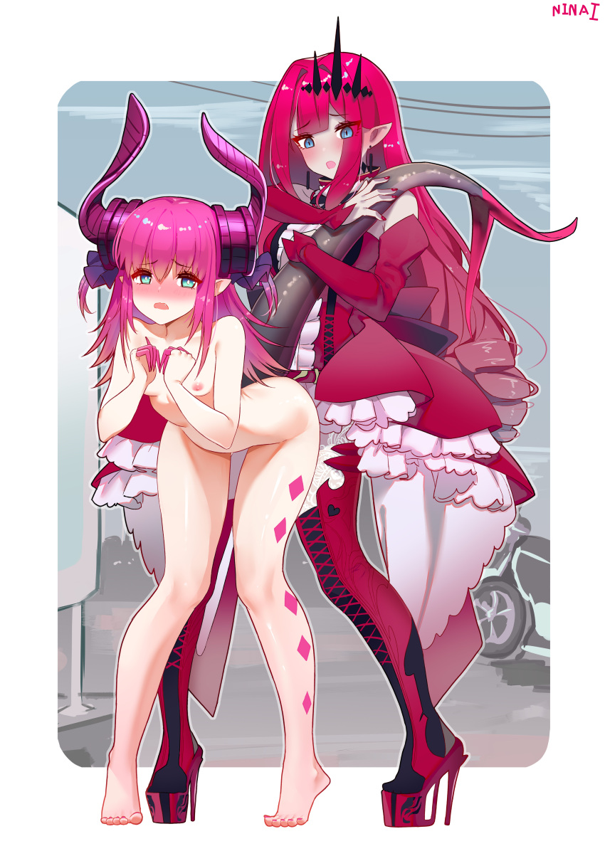 2girls absurdres asymmetrical_horns bare_legs barefoot blue_eyes detached_sleeves dragon_girl dragon_tail dress dress_flower earrings elizabeth_bathory_(fate) elizabeth_bathory_(fate)_(all) fate/extra fate/extra_ccc fate/grand_order fate_(series) feet grey_eyes highres horns jewelry long_hair looking_at_viewer multiple_girls ninai nipples pink_hair pointy_ears red_dress red_nails tail toenail_polish tristan_(fairy_knight)_(fate)