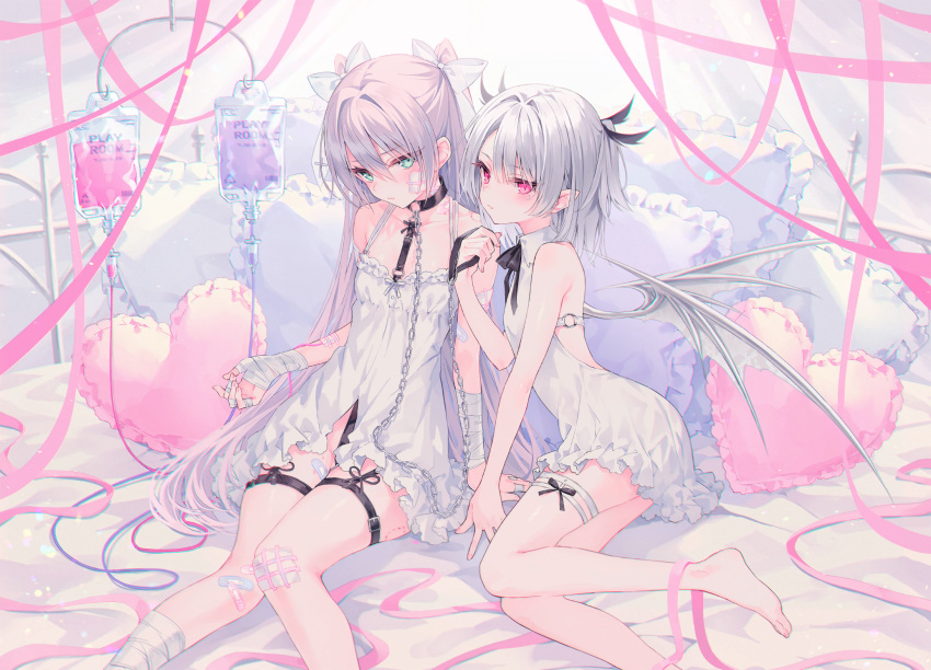 2girls bandage bandaid barefoot bed bondage bow chain collar demon flat_chest garter garter_belt gray_hair green_eyes long_hair original pink_eyes pointed_ears purple_hair ribbons rurudo succubus third-party_edit wings