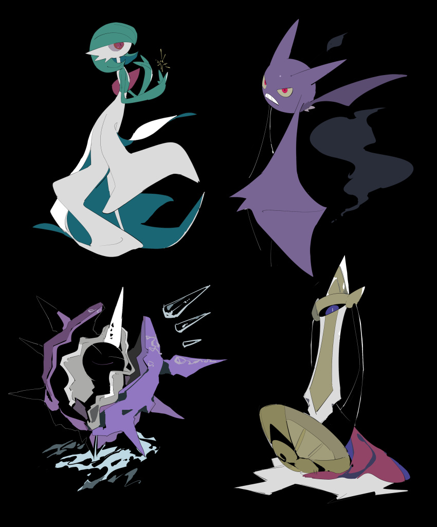 1girl absurdres aegislash apios1 bangs bat black_background black_sclera bob_cut closed_eyes closed_mouth cloyster colored_sclera colored_skin commentary crobat flat_chest from_side full_body gardevoir gen_1_pokemon gen_2_pokemon gen_3_pokemon gen_6_pokemon green_hair green_skin hands_up happy highres looking_at_viewer looking_up multicolored multicolored_skin no_mouth one-eyed pokemon pokemon_(creature) purple_eyes red_eyes shell shield short_hair simple_background slit_pupils smile spikes standing sword teeth two-tone_skin weapon white_skin yellow_sclera