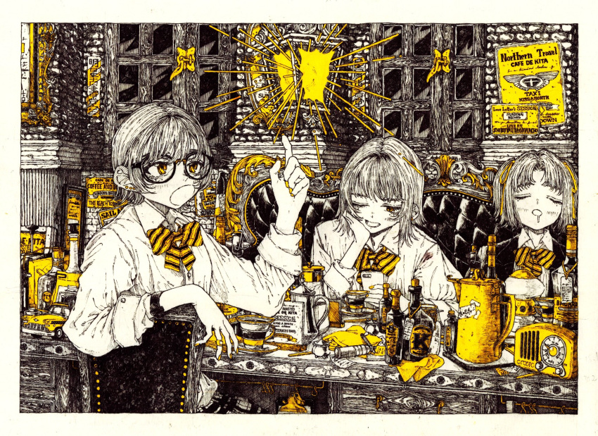 3girls arm_up black-framed_eyewear bottle bow bowtie brick_wall chair closed_eyes collared_shirt glasses highres kitamurashu long_sleeves monochrome mouth_drool multiple_girls one_eye_closed open_mouth original shirt spot_color striped striped_neckwear table white_shirt window yellow_eyes yellow_neckwear