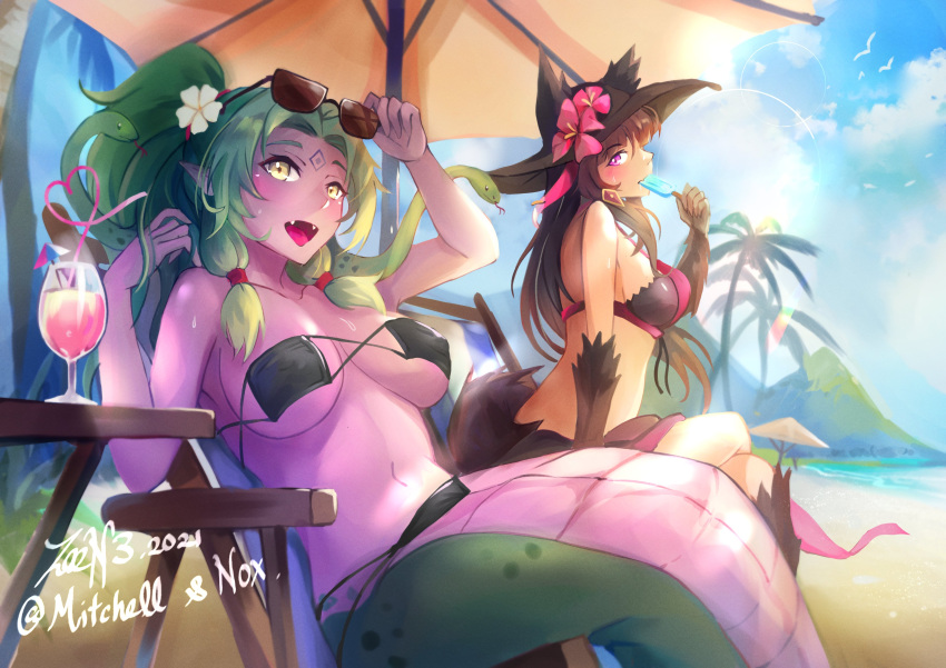 2girls :d absurdres animal_ears anubis_(monster_girl_encyclopedia) bare_arms bare_shoulders beach beach_umbrella bikini bird black_bikini black_hair black_headwear blue_sky body_fur breasts cloud collarbone colored_skin cup drink echidna_(monster_girl_encyclopedia) facial_mark flower food forehead_mark green_hair hair_tubes hat hat_flower highres holding holding_food jackal_ears jackal_tail lamia large_breasts long_hair monster_girl monster_girl_encyclopedia multiple_girls navel open_mouth original palm_tree popsicle purple_eyes purple_skin sand sitting sky smile snake_hair sunlight swimsuit tree umbrella yellow_eyes zee_n3