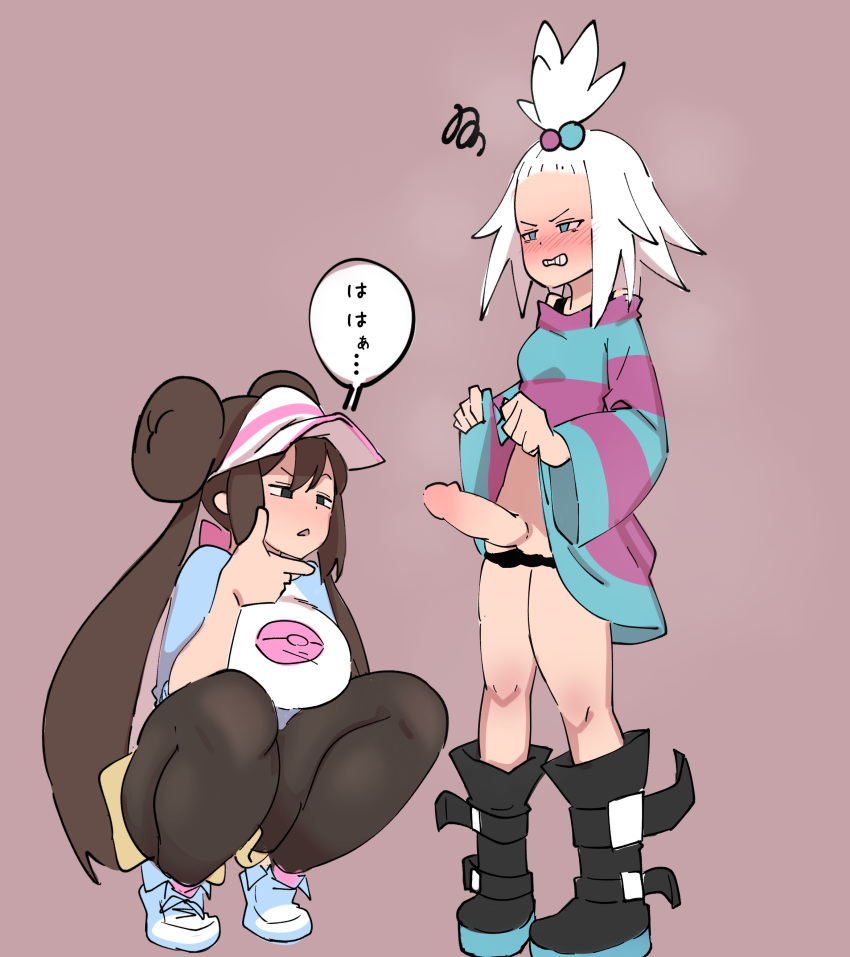 2girls absurdres black_legwear boots brown_hair chin_stroking clothes_lift commentary_request double_bun dress dress_lift futanari hair_bobbles hair_ornament highres lifted_by_self long_hair looking_at_penis multiple_girls pantyhose penis pokemon pokemon_(game) pokemon_bw2 rosa_(pokemon) roxie_(pokemon) shoes simple_background sneakers squatting striped striped_dress topknot twintails umonebi very_long_hair visor_cap white_hair