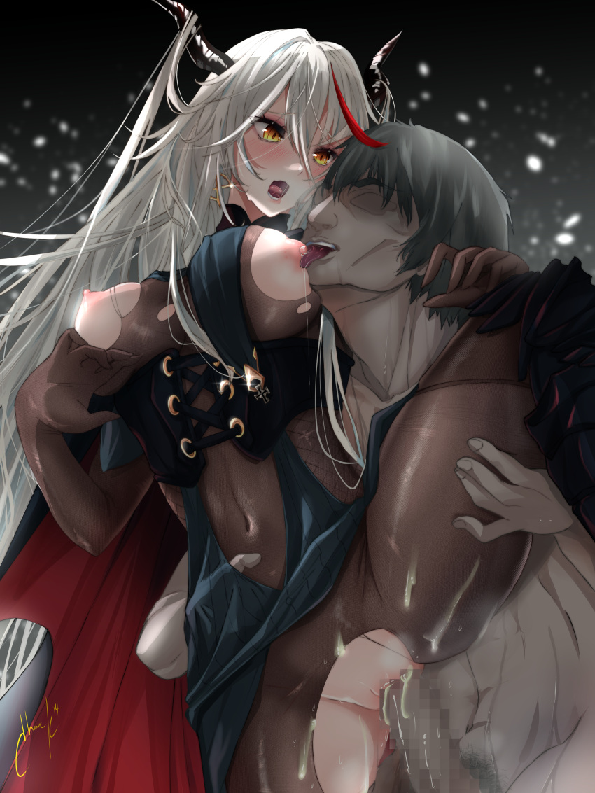 1boy 1girl absurdly_long_hair absurdres aegir_(azur_lane) azur_lane bangs black_hair black_legwear blush bodystocking breast_curtains breasts breasts_outside cape chark14 covered_navel demon_horns erection highres holding_another horns large_breasts leg_up licking licking_nipple long_hair male_pubic_hair multicolored_hair nipples nude open_mouth pantyhose penis pubic_hair sex spread_legs standing standing_sex streaked_hair thighs tongue tongue_out vaginal very_long_hair white_hair yellow_eyes