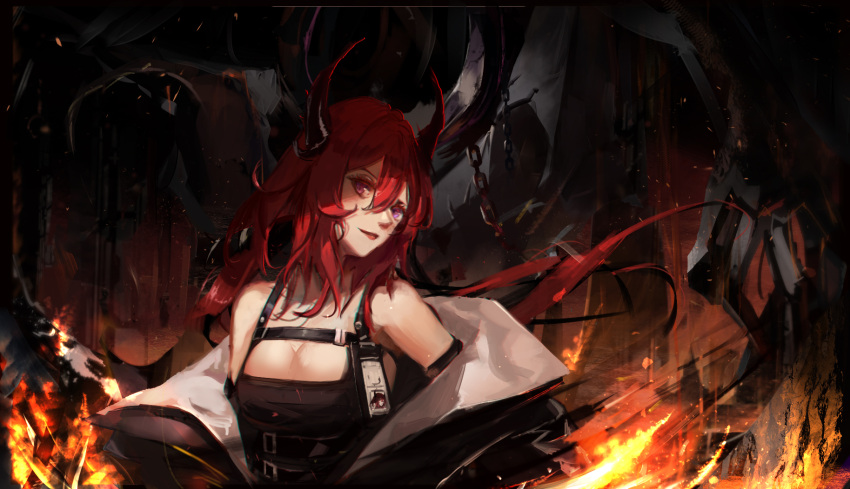 arknights black_dress breasts cleavage demon_girl demon_horns dress highres horns jacket looking_at_viewer off_shoulder purple_eyes quang2407 red_hair surtr surtr_(arknights) sword weapon