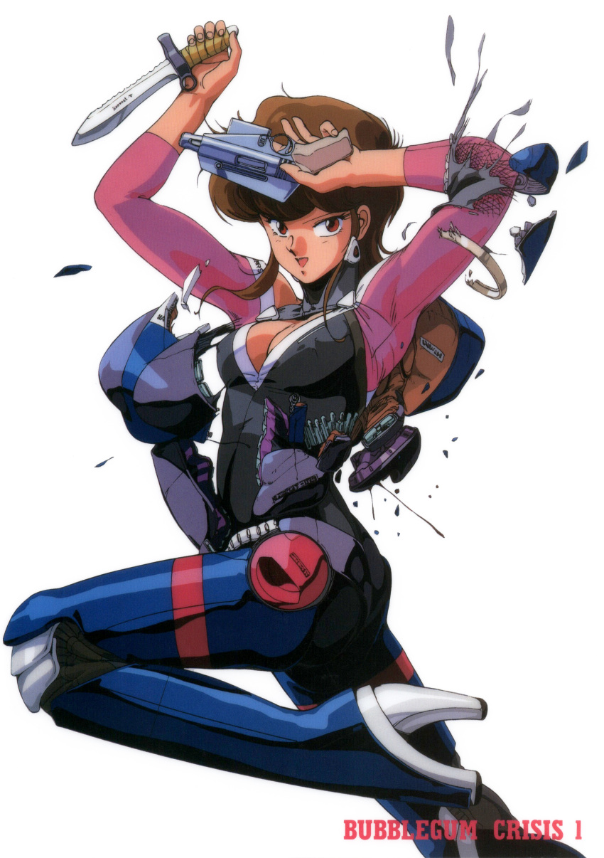 1980s_(style) 1girl absurdres armor bangs bodysuit breasts broken_armor brown_eyes brown_hair bubblegum_crisis cleavage copyright_name gun handgun hardsuit high_heels highres holding holding_gun holding_knife holding_weapon knife leg_up looking_at_viewer mecha medium_hair official_art open_mouth power_armor priscilla_asagiri retro_artstyle reverse_grip scan simple_background solo sonoda_ken'ichi weapon white_background