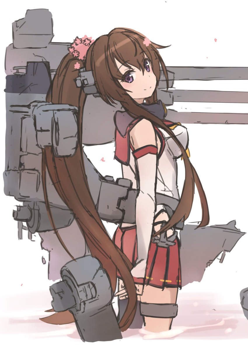 1girl brown_hair cherry_blossoms cowboy_shot detached_sleeves flower hair_flower hair_ornament highres hip_vent kantai_collection long_hair looking_at_viewer machinery minosu ponytail red_eyes red_sailor_collar red_skirt sailor_collar skirt smile solo work_in_progress yamato_(kancolle)