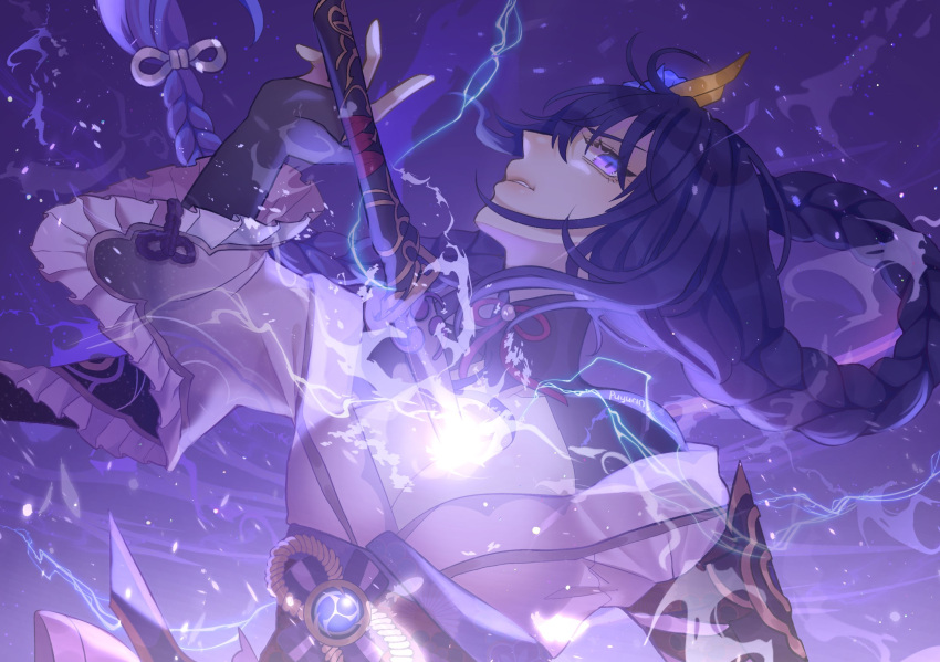 1girl bangs braid breasts cleavage commentary electricity english_commentary flower genshin_impact hair_flower hair_ornament highres japanese_clothes katana kimono large_breasts light_particles long_hair looking_at_viewer open_mouth purple_eyes purple_flower purple_hair puyurin raiden_(genshin_impact) ribbon sash solo sword symbol_commentary weapon