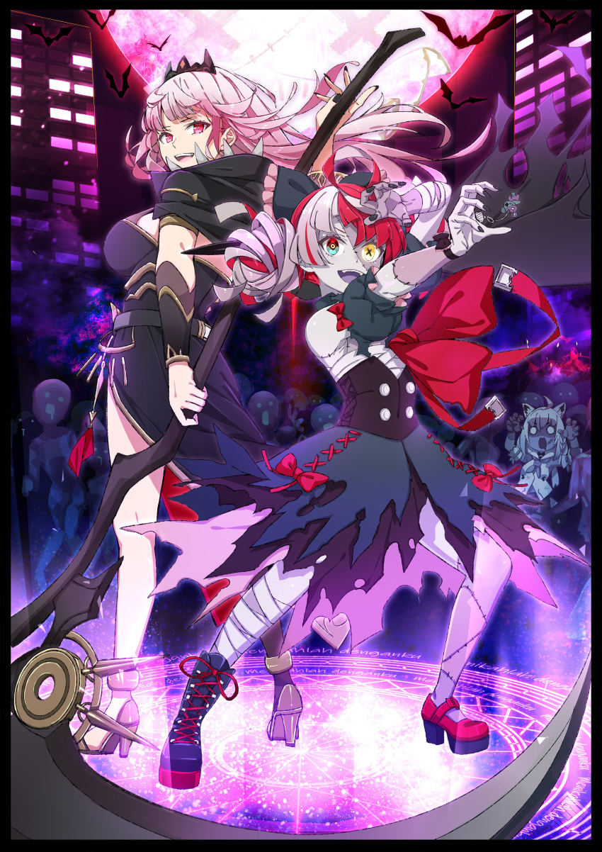 2girls absurdres back-to-back bandages bat black_dress blue_eyes breasts building cape cno dress drill_hair flat_chest full_moon heterochromia high_heels highres holding holding_scythe hololive hololive_english hololive_indonesia kureiji_ollie large_breasts long_hair looking_back looking_up magic_circle moon mori_calliope multicolored_hair multiple_girls night night_sky open_mouth pink_hair pumps red_eyes red_hair scythe shirakami_fubuki side_slit skirt sky stitches summoning symbol_in_eye tiara torn_clothes torn_skirt twin_drills two-tone_hair virtual_youtuber white_hair yellow_eyes zombie